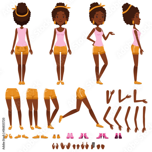 Afro american young woman character creation set, girl with various views, hairstyles, shoes, poses and gestures, cartoon vector Illustrations