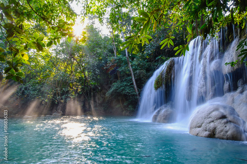Erawan waterfall with sunlight  in the morning , Kanchanaburi Province, Thailand.