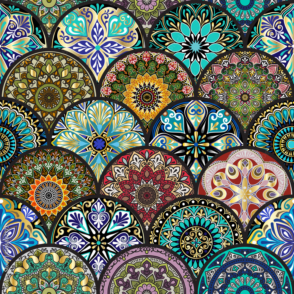 Colorful floral seamless pattern from circles with mandala in patchwork boho chic style