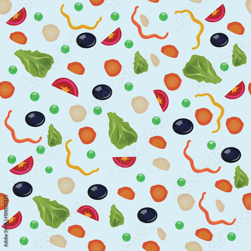 Vegetarian seamless pattern with carrot, tomato, radish, green peas, pepper, salad leaves, olive. Colorful modern background