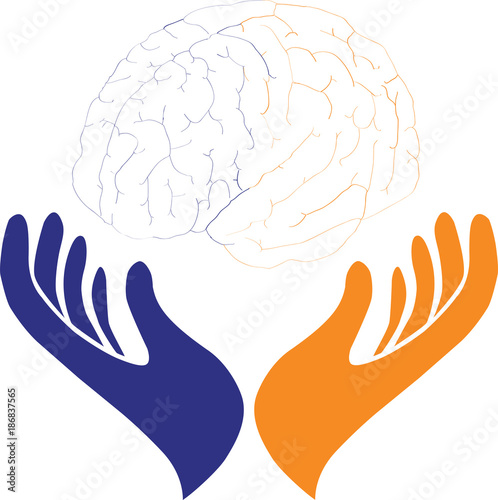 Vector illustration of opened hands holding human brain on white background. Concept for power and knowledge 