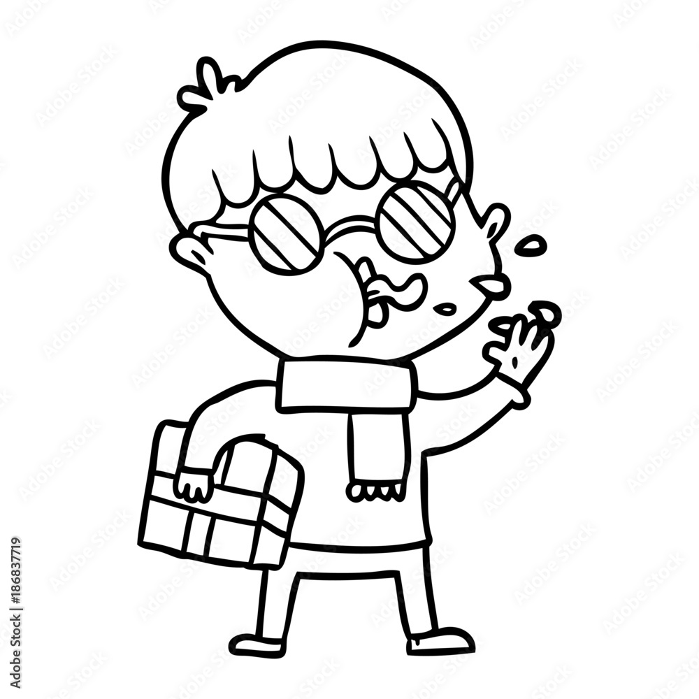 cartoon boy wearing spectacles with christmas gift