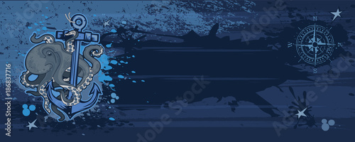 Octopus with an anchor in the ocean. Depths of the sea. Vector illustration.