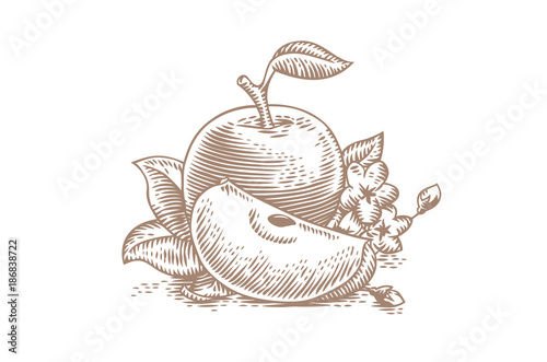 Green apples with leaves and flowers