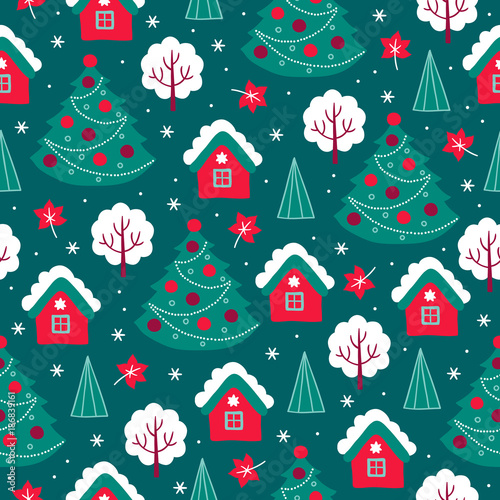 Christmas seamless pattern with trees, houses, leaves and snowflakes