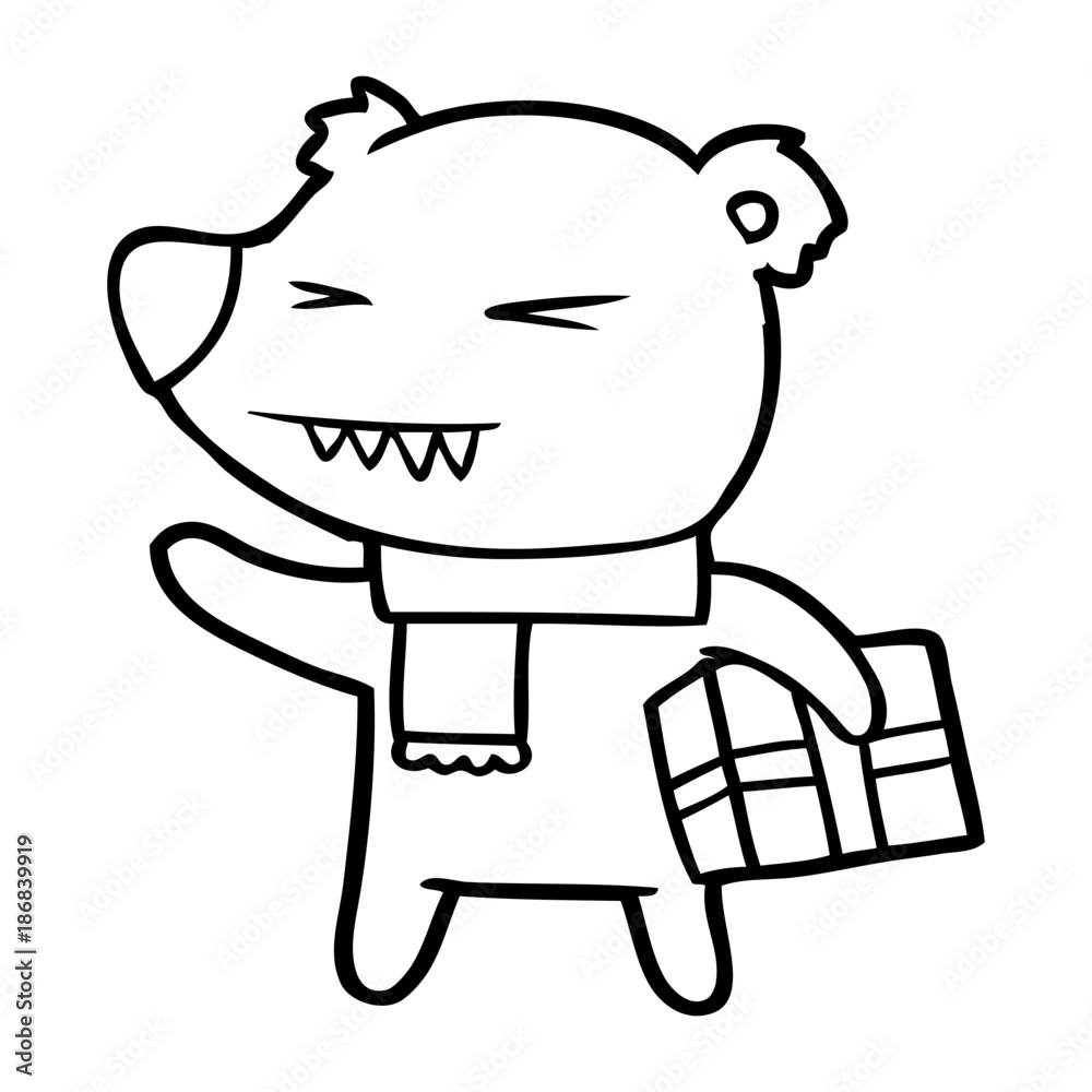 cartoon angry polar bear with xmas present