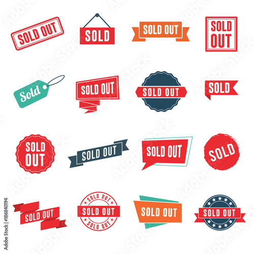 Sold out banners, labels, stamps, and signs isolated on white background photo