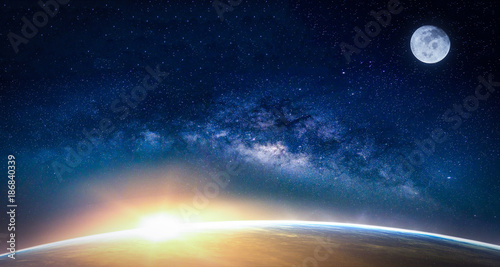 Landscape with Milky way galaxy. Sunrise and Earth view from space with Milky way galaxy. (Elements of this image furnished by NASA)