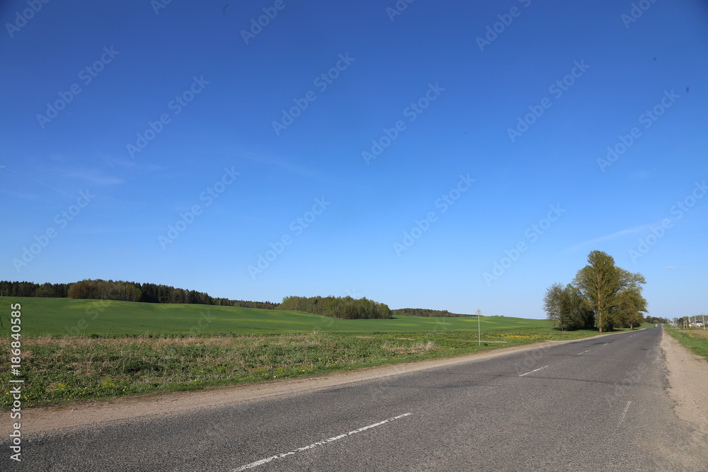 The road along the Zaslavsky reservoir. panoramic green field and blue sky and forest. Belarus