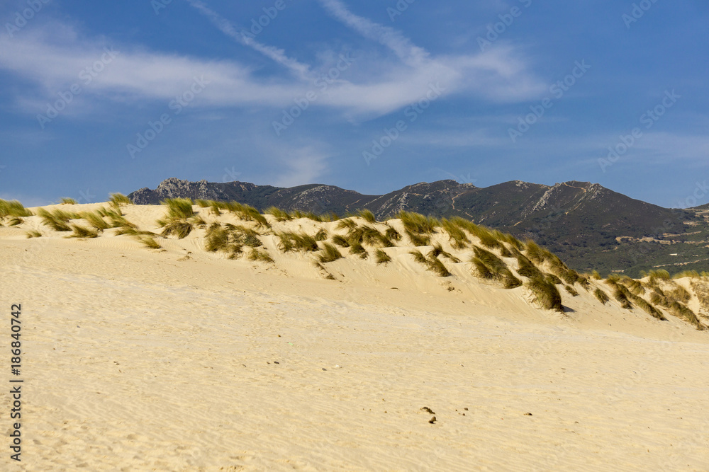 Sand dunes on the beach against the background of mountains. Tarifa. Spain. Sand dunes on the beach against the background of mountains. Tarifa. Spain.