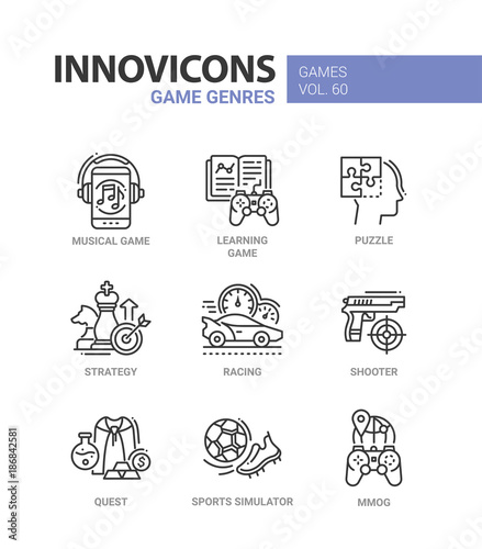 Game genres - line design icons set