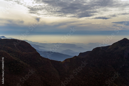 Mountains Landscape. Hills skyline Worlds End in Horton Plains National Park Sri Lanka.