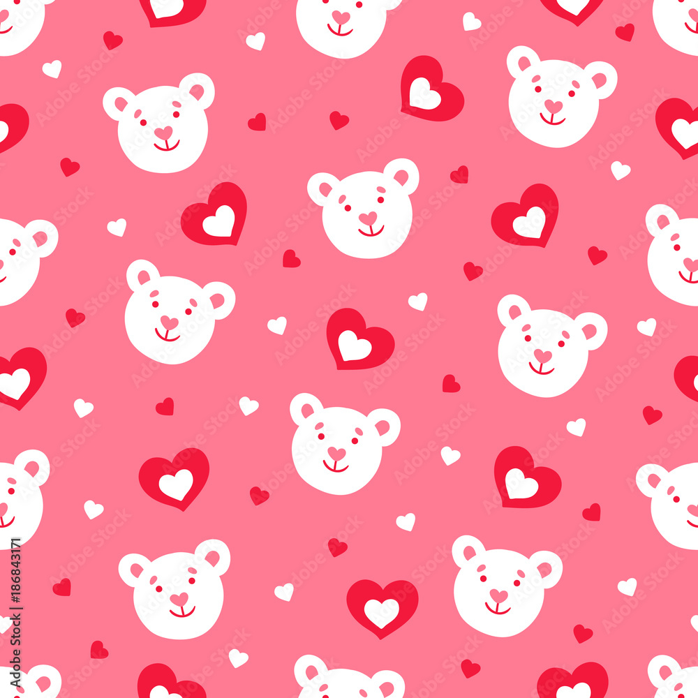Valentine seamless pattern with teddy and hearts