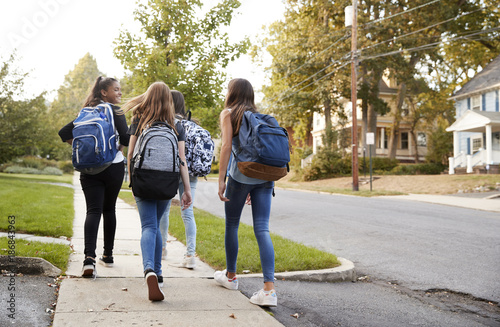 Four young teen girls walking to school together, back view