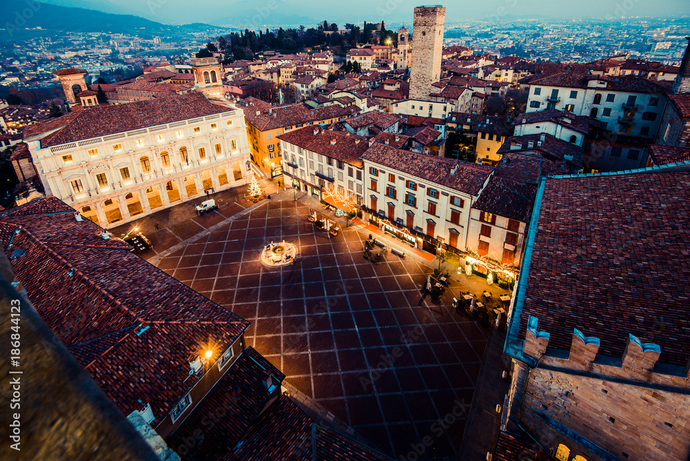 Obraz premium Bergamo Alta old town at sunset - S.Maria Maggiore Piazza Vecchia - Lombardy Italy