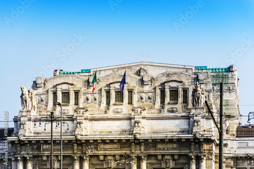 antique building Milan Central railway station, Italy