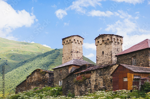 Traditional ancient Svan Towers and machub house in Ushguli village, Upper Svaneti, Georgia.