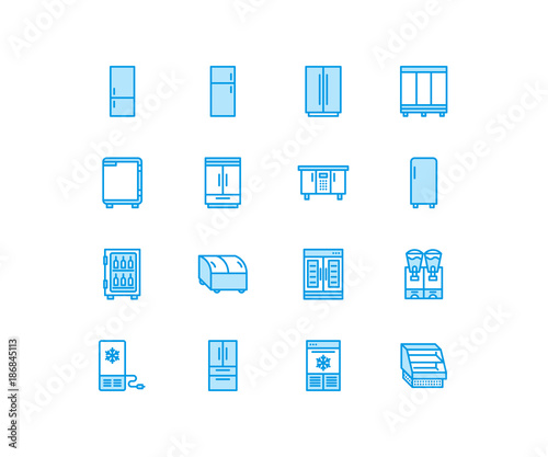 Refrigerators flat line icons. Fridge types, freezer, wine cooler, commercial major appliance, refrigerated display case. Thin linear signs for household equipment shop. Pixel perfect 64x64.