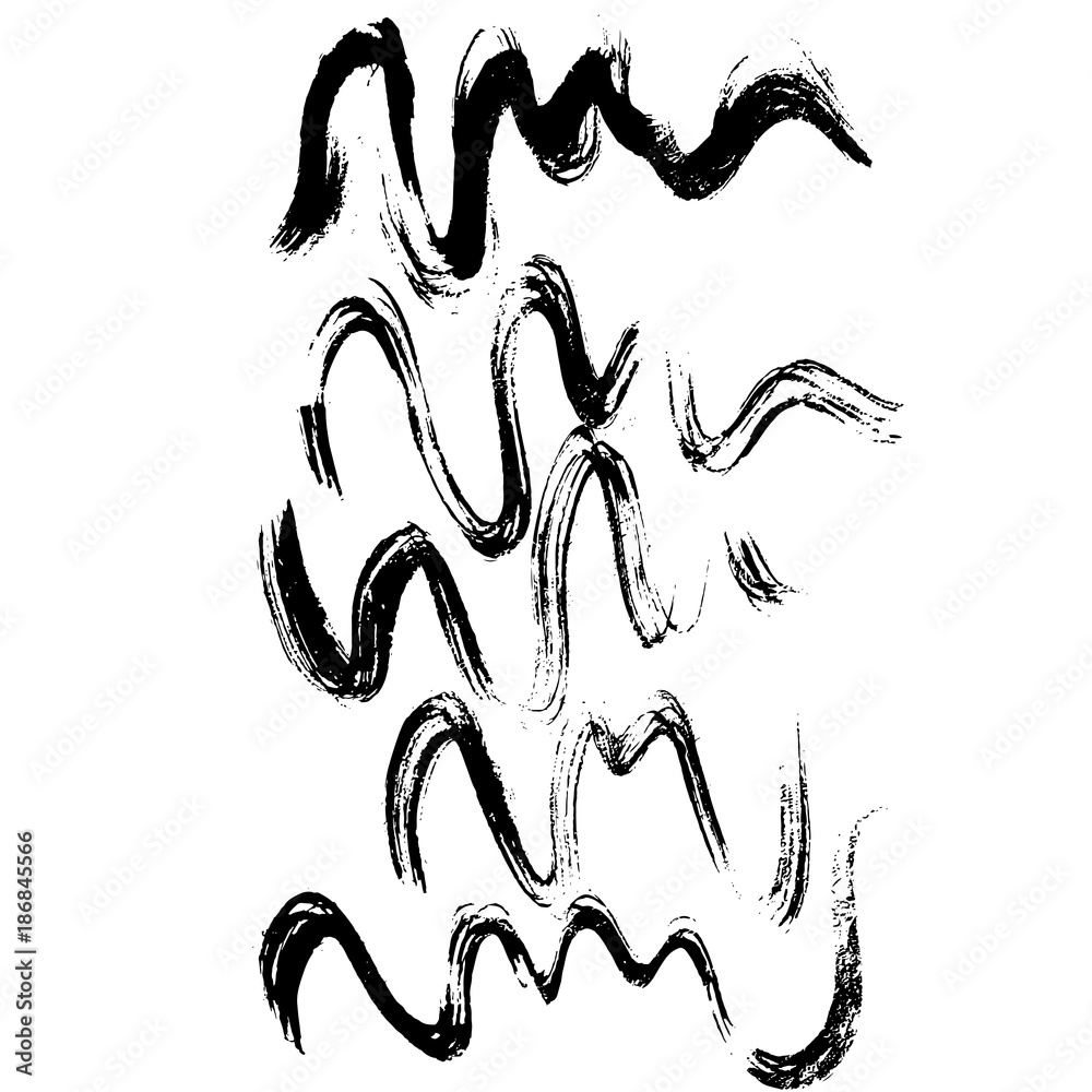 Grunge ink brush strokes. Freehand wave black brushes set. Handdrawn dry brush black smears. Modern vector illustration. Grunge ink brush strokes. Freehand wave black brushes set. Handdrawn dry brush black smears. Modern vector illustration.