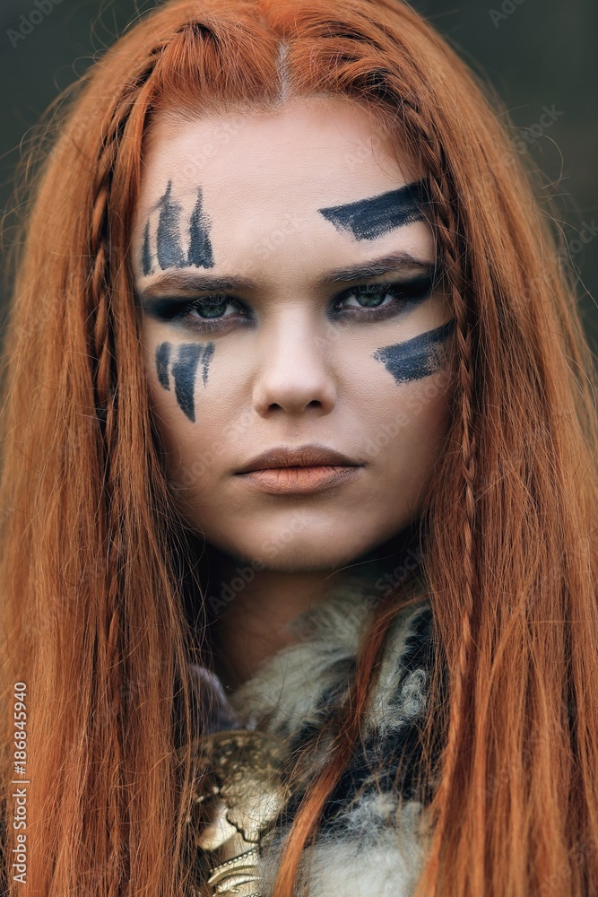 Warrior woman portrait, viking war makeup Stock Photo | Adobe Stock