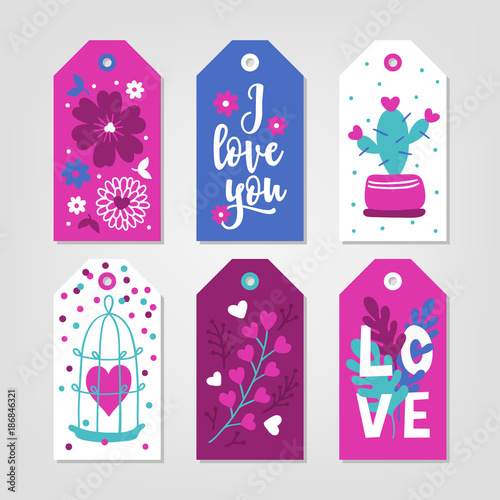 Set of St. Valentine's Day Gift Tags with flowers, hearts
