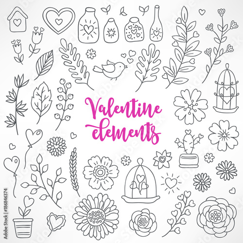 Collection of hand drawn Valentine elements