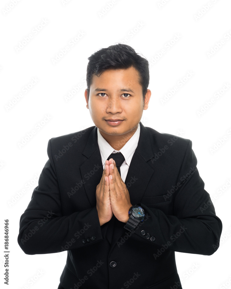 Handsome asian business man pay respect, portrait studio on white background Handsome asian business man pay respect, portrait studio on white background