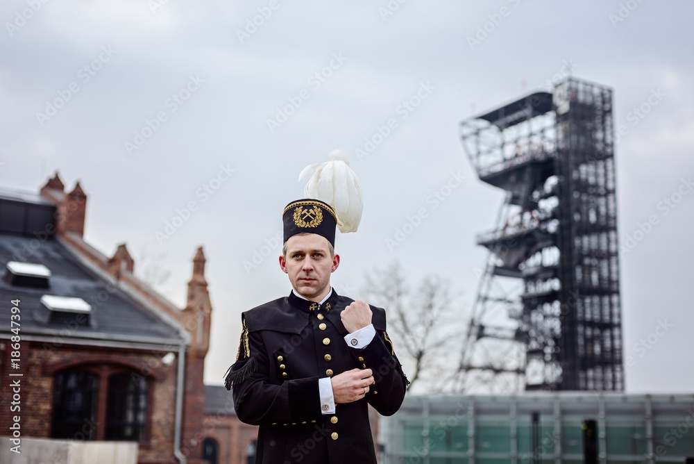 Working man foreman miner in gala parade uniform. - obrazy, fototapety, plakaty 