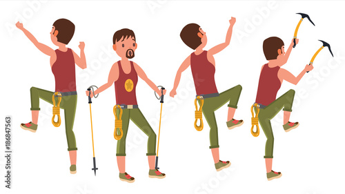 Rock Climber Man Vector. Bouldering Sport. Different Positions. Tourist Hiking, Resting. Extreme Hobby. Flat Cartoon Illustration