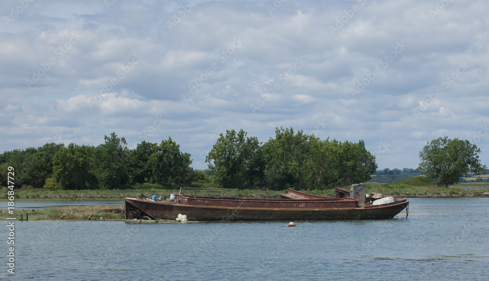 photo of an old rusting boat tied-up with trees in the background  