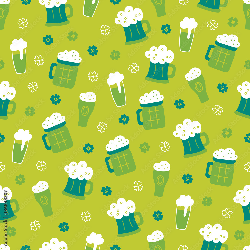 St. Patrick's Day seamless pattern with clovers and beer glasses St. Patrick's Day seamless pattern with clovers and beer glasses