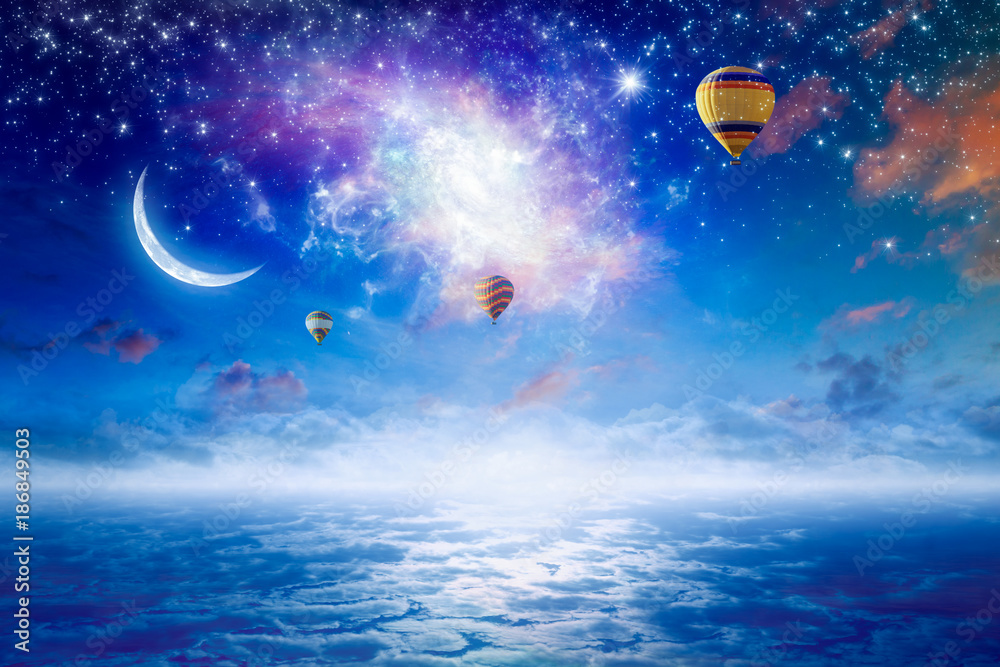 Hot air balloons flying in starry sky with bright stars, crescent and twisted galaxy
