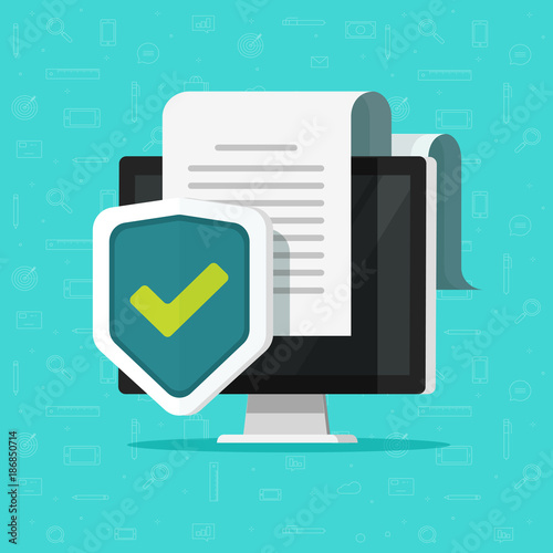Computer protection vector illustration, flat cartoon desktop pc with document protected via shield icon, confidential information or privacy security documentation access idea, secure data or guard