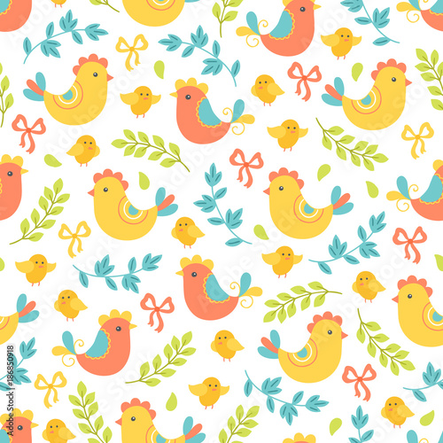 Easter seamless pattern with hen, chicken, bow and branches