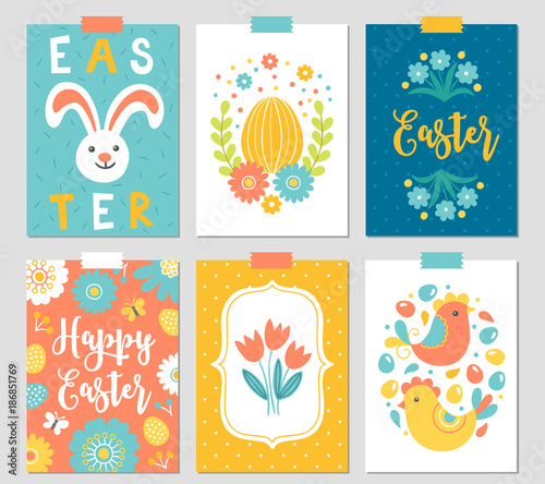Set of six Easter cards with rabbit, eggs, branches, flowers