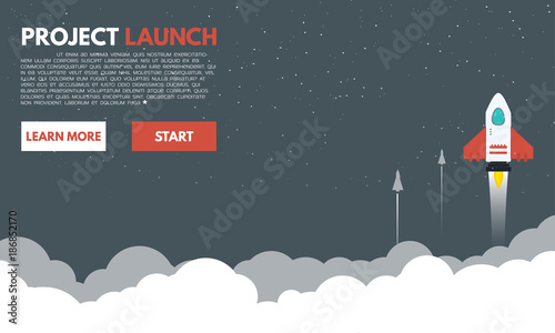 Launched rocket. Clouds and sky, stars. Rocket flying through clouds to space. White exhaust and glowing. New project or business breakthrough. Spaceship going up to cosmos.