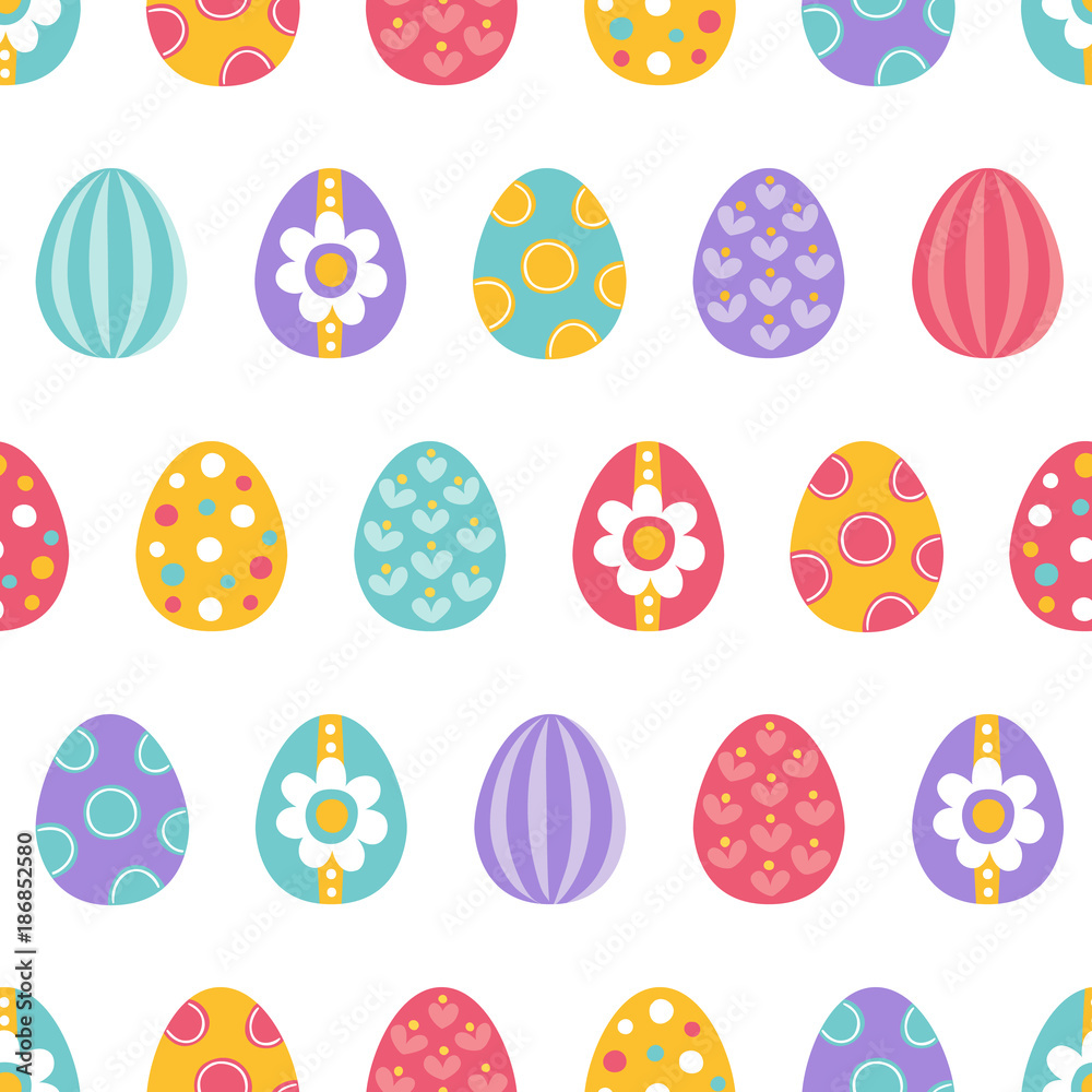 Easter seamless pattern with colorful eggs in Red, Yellow, Blue