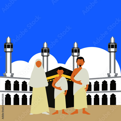 Muslim pilgrims perform Hajj / Umrah (pilgrimage to Mecca) around Kaaba at the Haram Mosque using Ihram (white garment). Cartoon Character. Vector Illustration