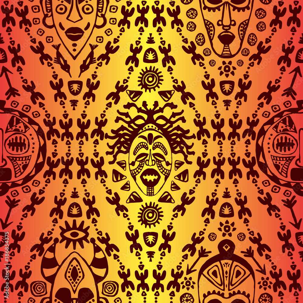 Hand drawn seamless pattern with Tribal mask ethnic. Sketch for your  design, wallaper, textile, print. African culture. Fabric afro ornament.  Vector l batik art. Black on gradient orange background. Stock Vector |