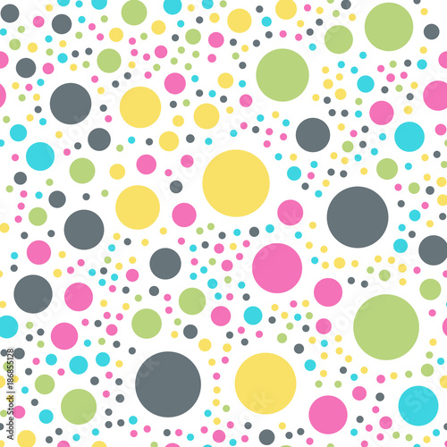 Colorful polka dots seamless pattern on white 10 background. Charming classic colorful polka dots textile pattern. Seamless scattered confetti fall chaotic decor. Abstract vector illustration.