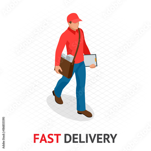 Isomeric fast delivery concept. Delivery man in red uniform holding boxes and documents. Courier order, worldwide shipping. Fast and Free Transport
