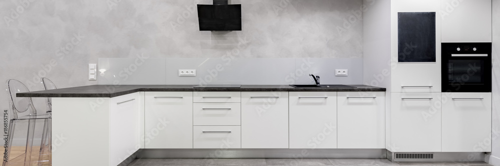 Home interior with white kitchen