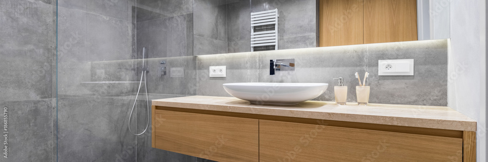 Bathroom with shower and mirror Bathroom with shower and mirror
