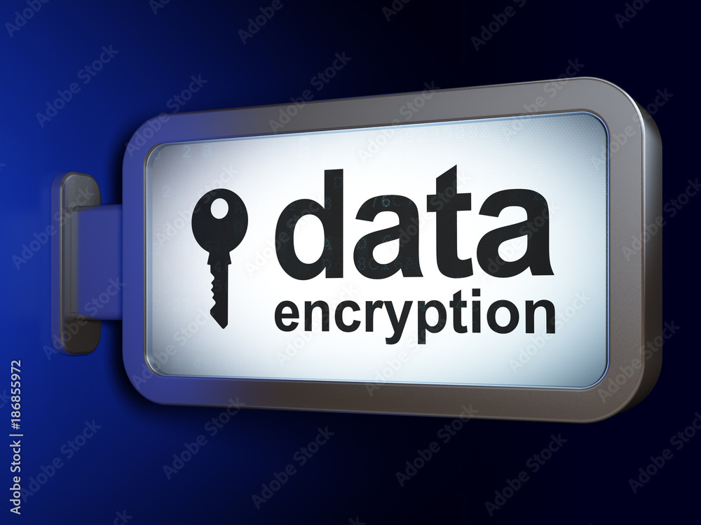 Safety concept: Data Encryption and Key on advertising billboard background, 3D rendering
