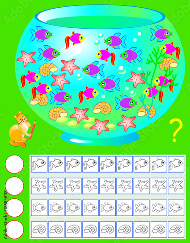 Exercise for young children. Need to count the aquarium inhabitants, paint corresponding number of them and write their quantity. Vector image.