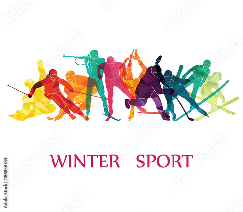 Color sport background. Winter olympic games. Hockey, biathlon, snowboarding, skating, ice skiing, Figure, freestyle. Vector illustration