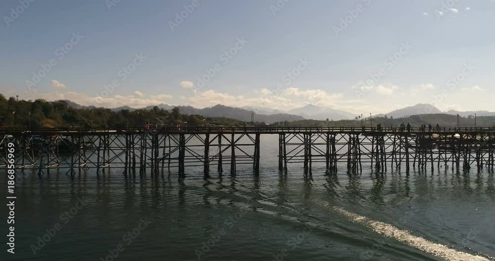 Aerial view of Wooden Mon Bridge, Sangkhla Buri, Kanchanaburi province, Thailand. Aerial view of Wooden Mon Bridge, Sangkhla Buri, Kanchanaburi province, Thailand.