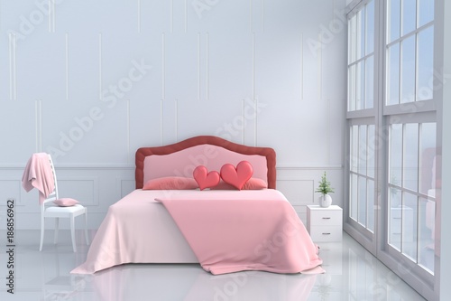 Red hearts on pink bed in bedroom of love.Decor with two hearts  tree in glass vase  wood bedside table window chair pillow blanket Rooms of Love on Valentine s Day. Background and interior. 3D render