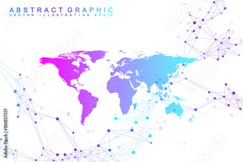 Political World Map with global technology networking concept. Digital data visualization. Lines plexus. Big Data background communication. Scientific vector illustration