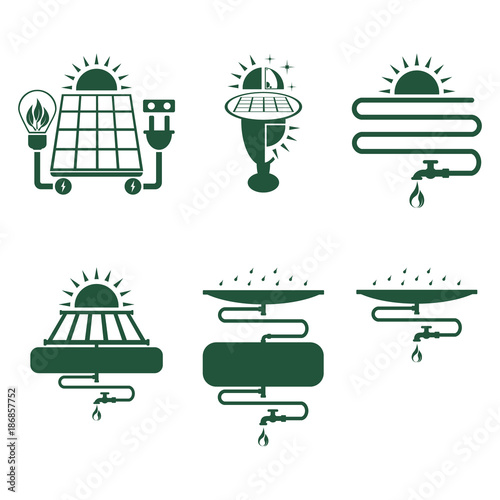Solar electric power, night lamp with solar panel, solar water heater, rainwater harvest and reuse system. Abstract concept, set of icons. Vector illustration on white background.